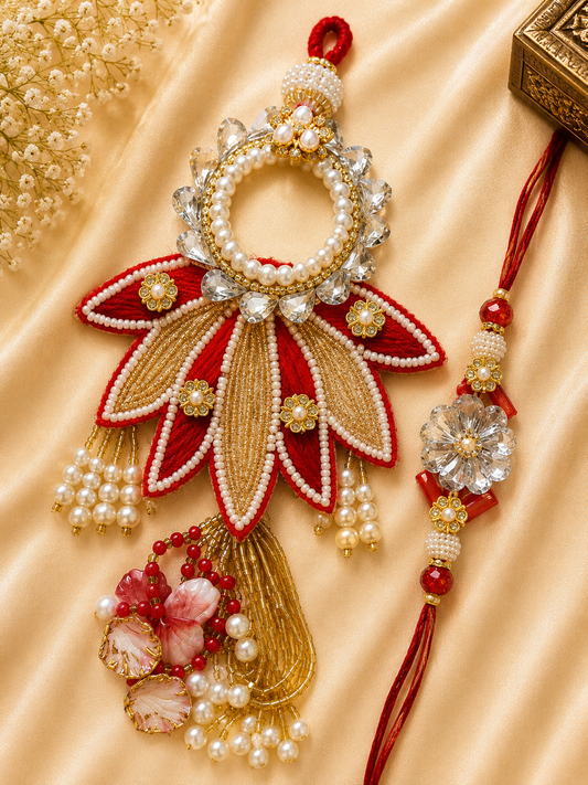 Royal Red & Gold Floral Bhai Bhabhi Rakhi Set with Designer Lumba