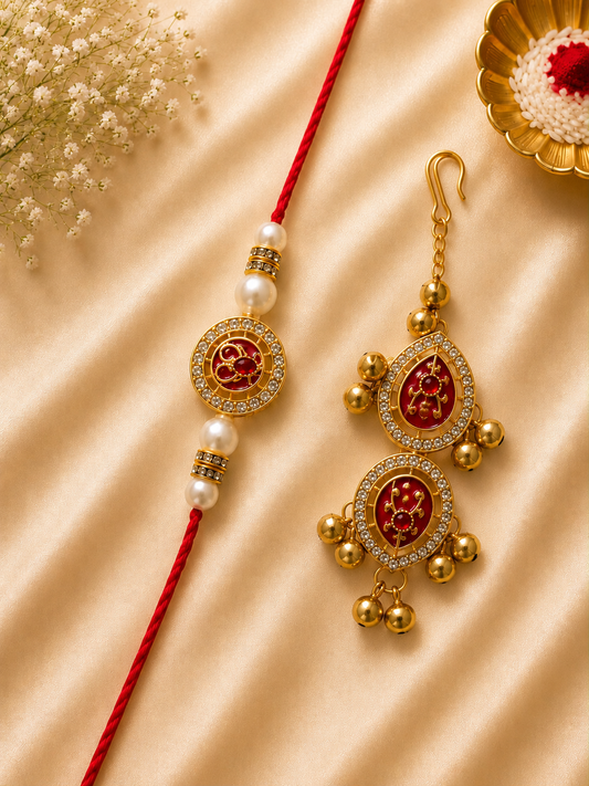 Traditional Red Designer Bhai Bhabhi Rakhi Set with Ghungroo Lumba
