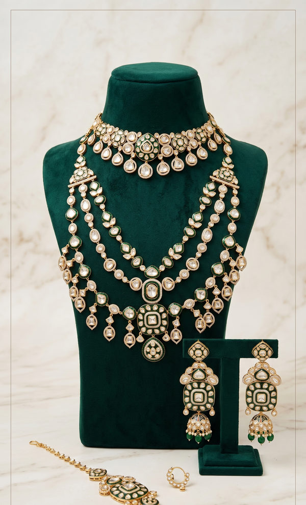 Emerald Polki Layered Necklace Set