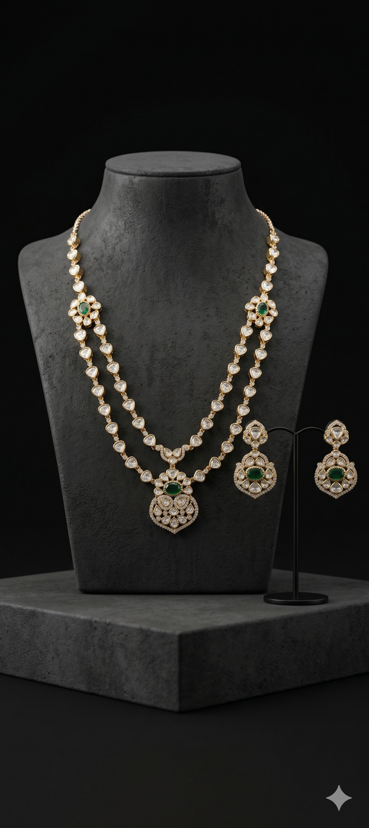 Emerald Polki Long Necklace Set
