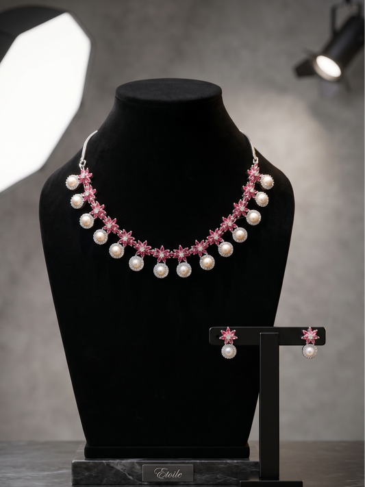 Pink Floral Pearl Necklace Set