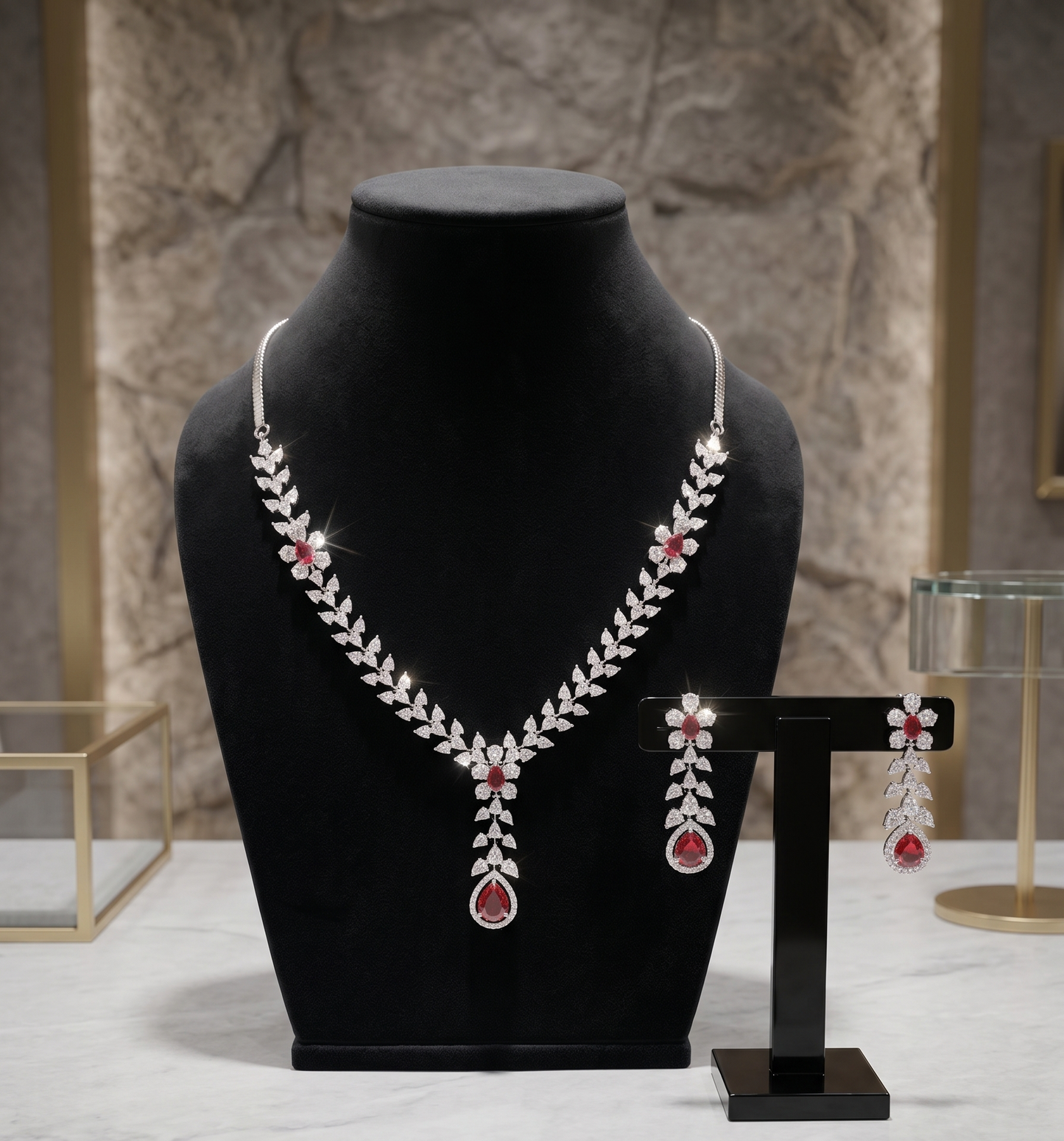 Ruby & Diamond Floral Necklace Set