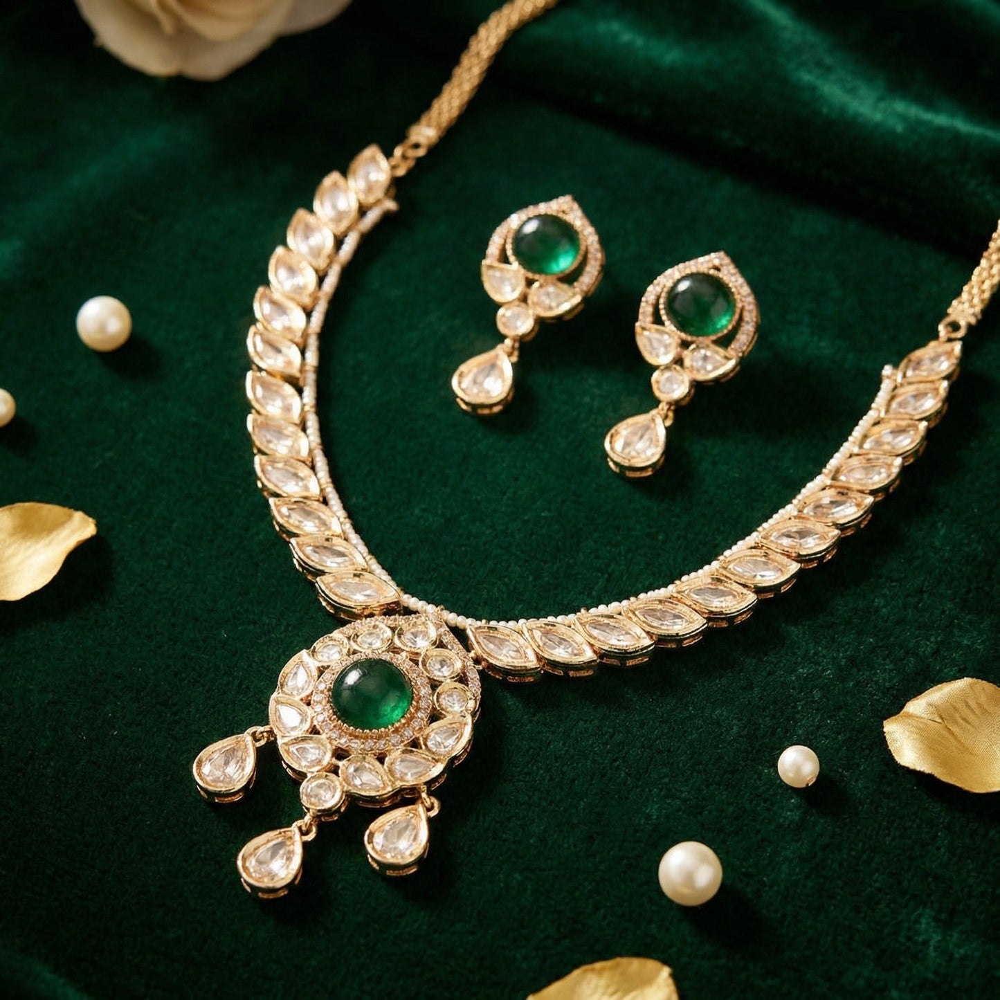 Emerald Polki Pendant Necklace Set
