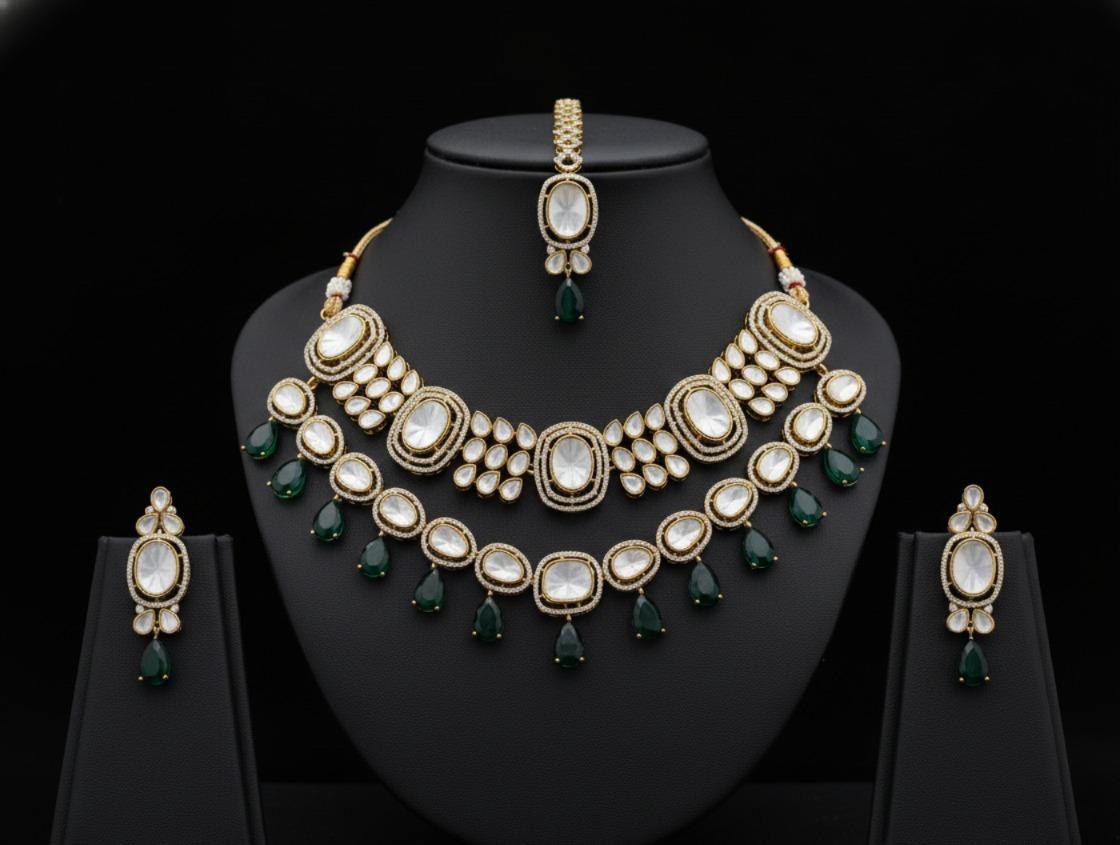 Emerald Polki Layered Necklace Set