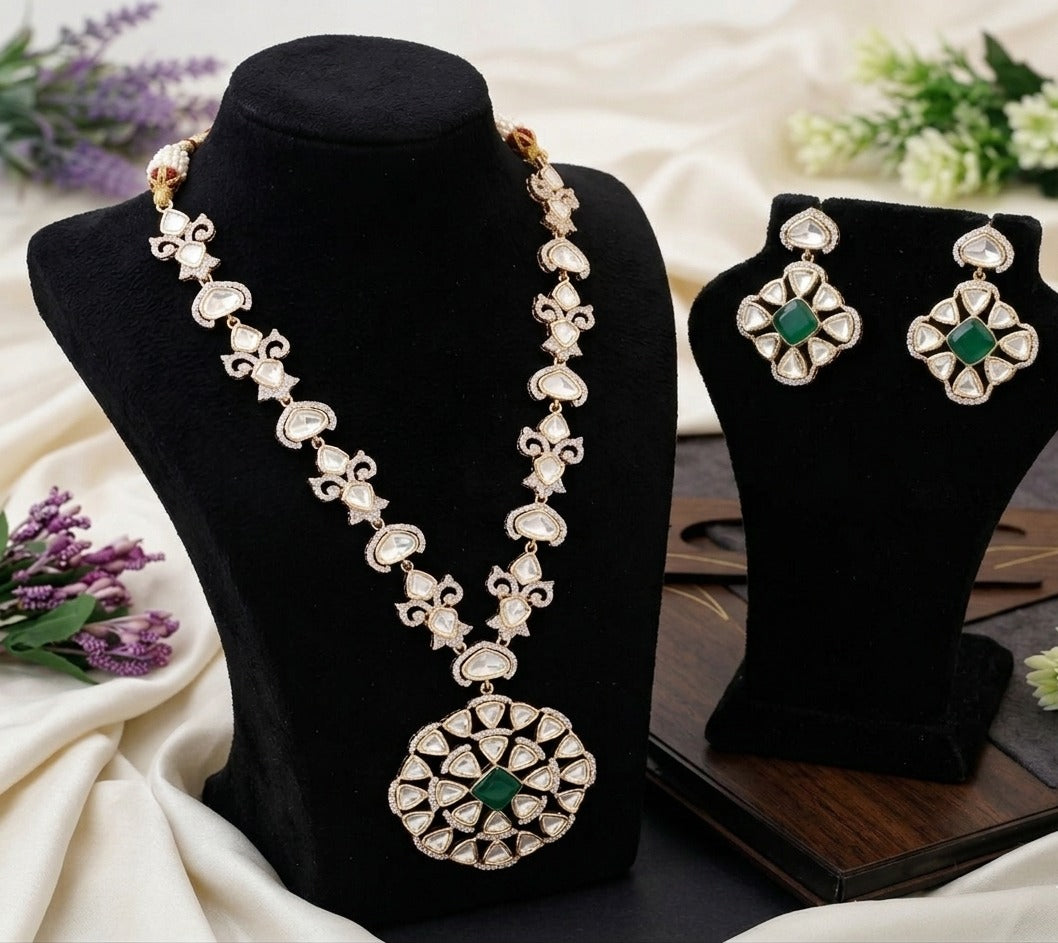 Emerald Polki Pendant Necklace Set