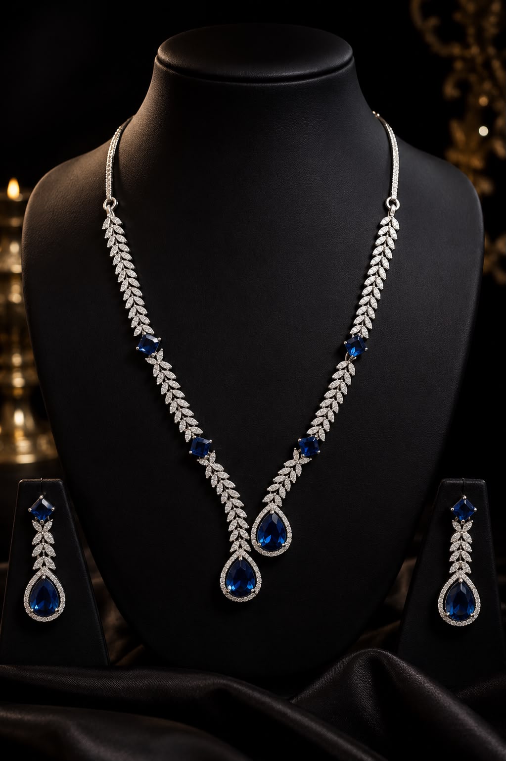 Sapphire Blue Leaf Drop Necklace Set