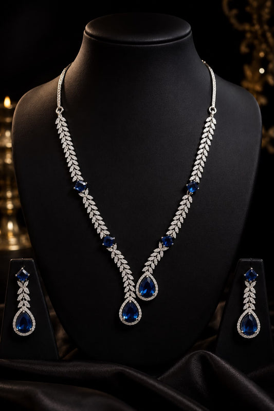 Sapphire Blue Leaf Drop Necklace Set