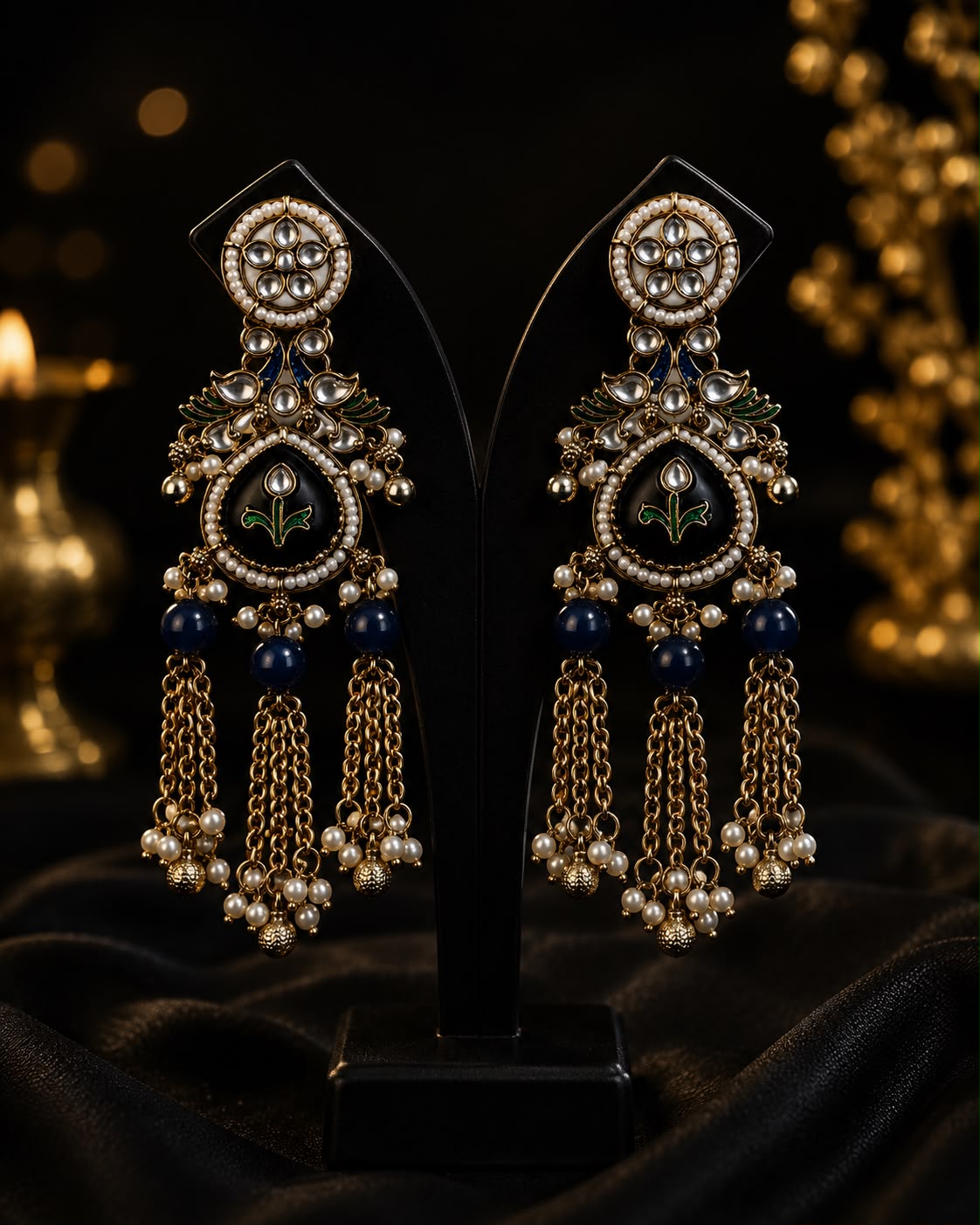 Blue Pearl Kundan Tassel Earrings