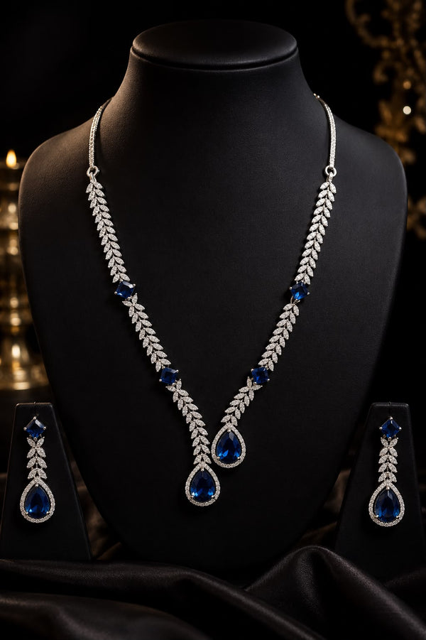 Sapphire Blue Leaf Drop Necklace Set