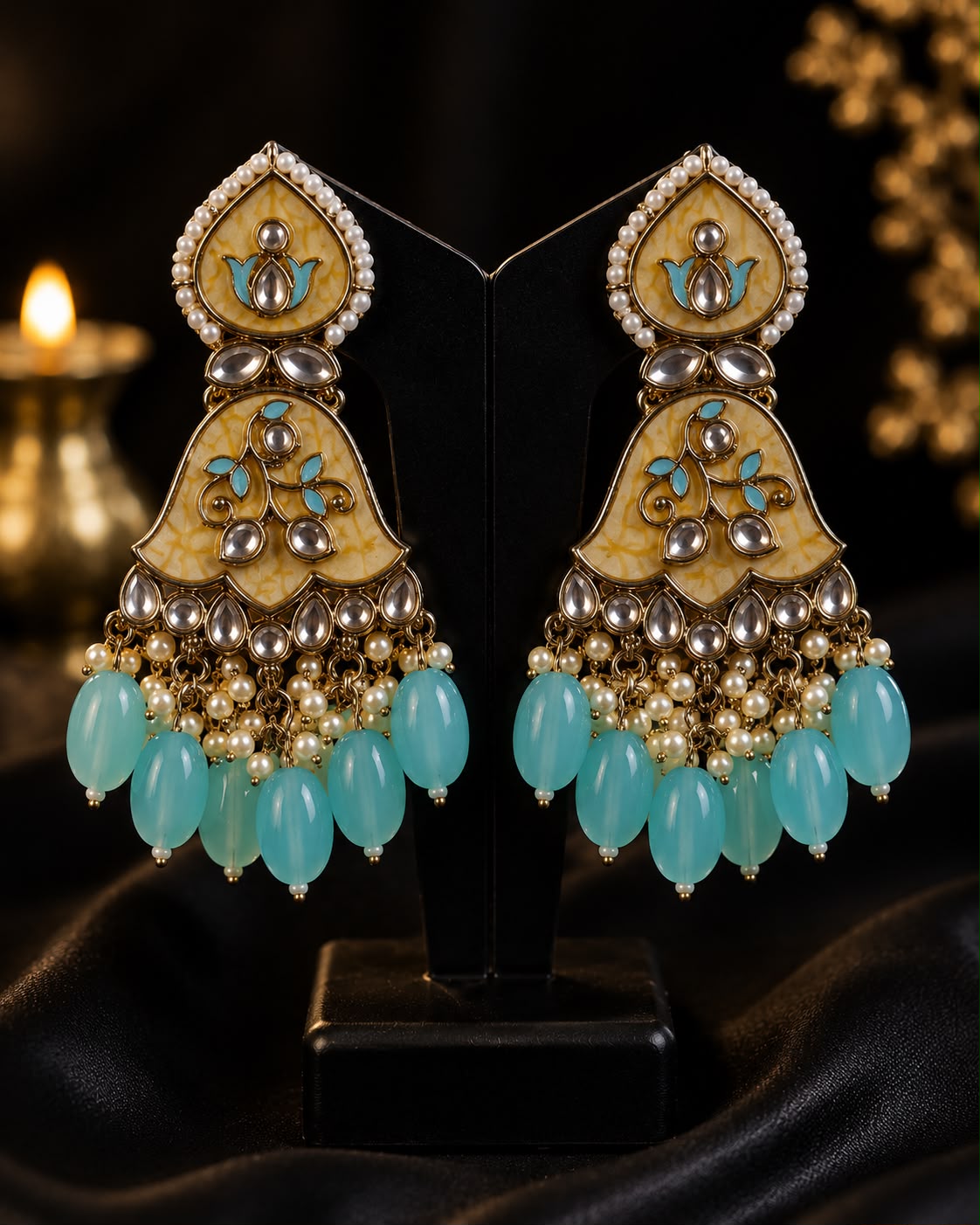 Turquoise Beaded Kundan Chandbali Earrings