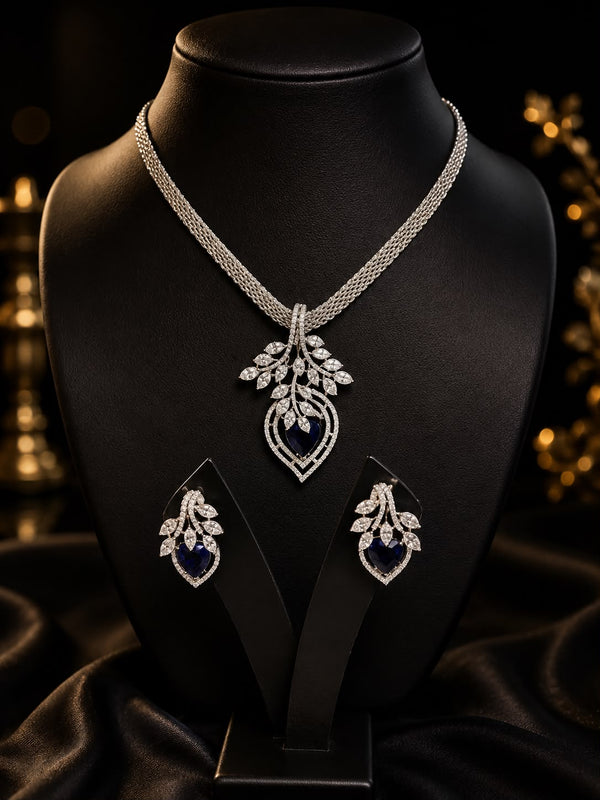 Blue Heart American Diamond Pendant Necklace Set with Earrings