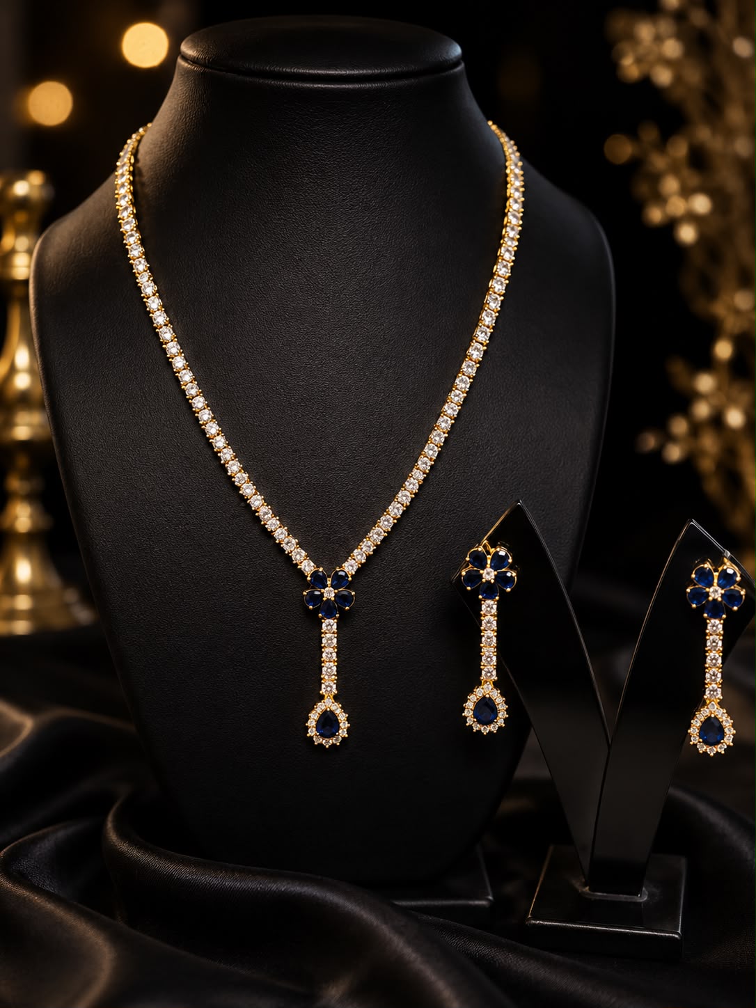 Blue Floral American Diamond Gold Necklace Set with Earrings