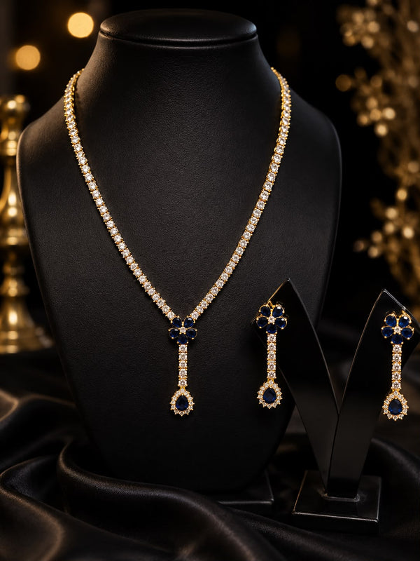 Blue Floral American Diamond Gold Necklace Set with Earrings
