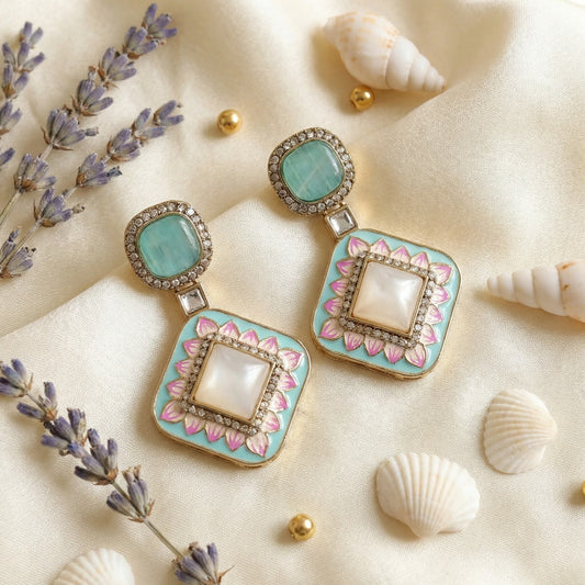 Pastel Blue Enamel Pearl Statement Earrings