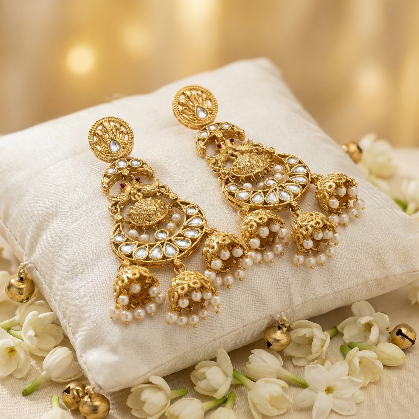 Antique Gold Kundan Jhumka Earrings with Pearls