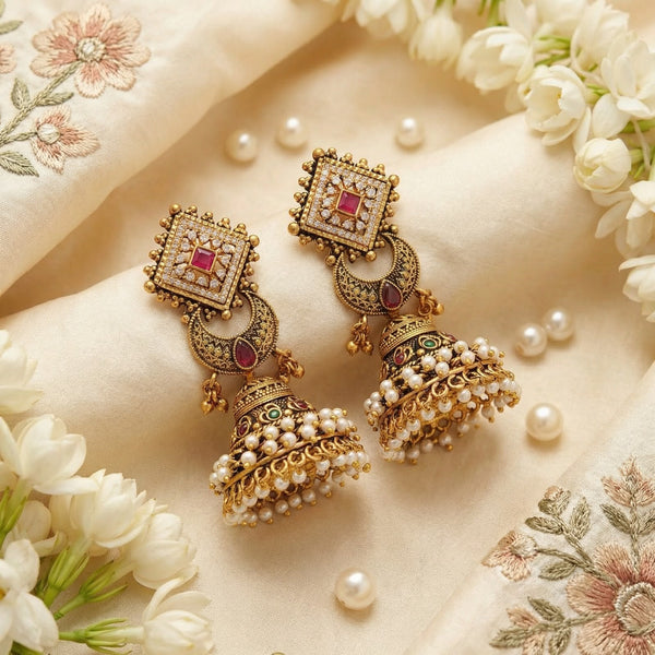 Antique Gold Pearl Kundan Jhumka Earrings