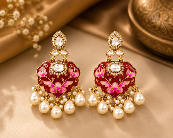 Red Floral Pearl Drop Earrings