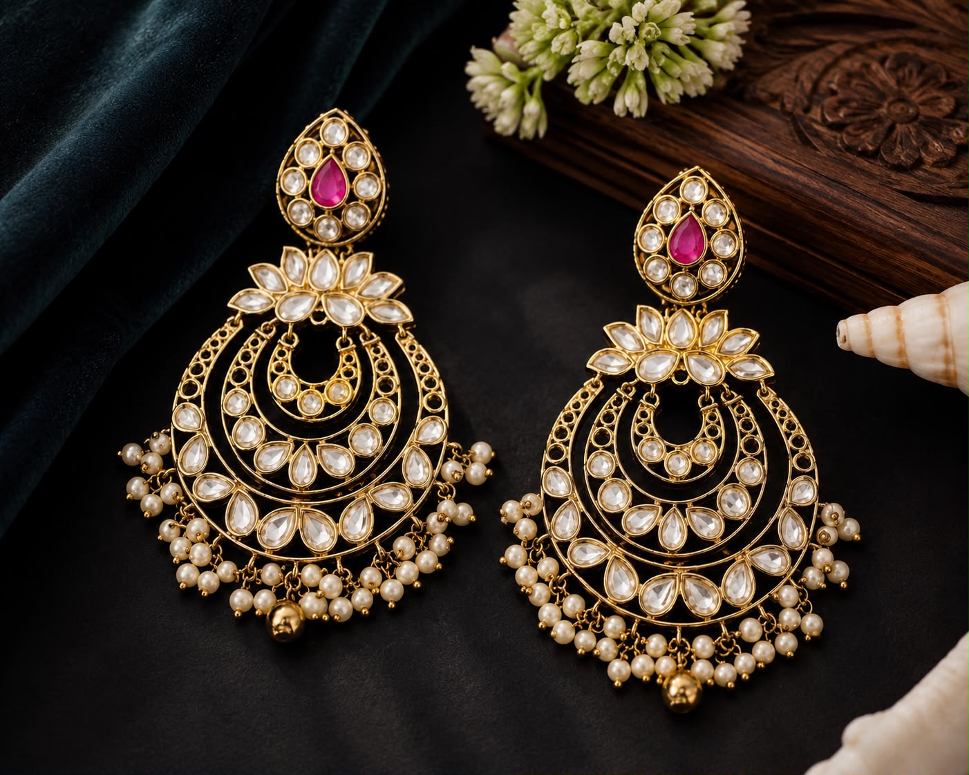 Kundan Pearl Chandbali Earrings