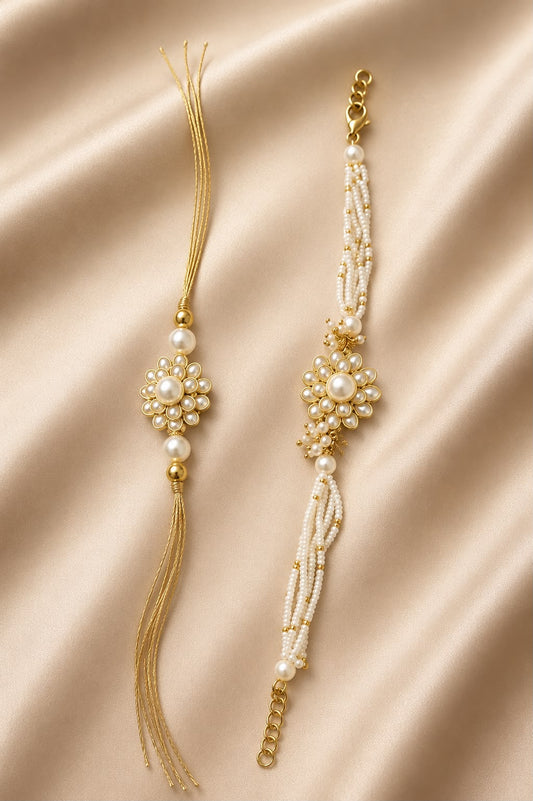Elegant Pearl Bhai Bhabhi Rakhi Set with Designer Lumba