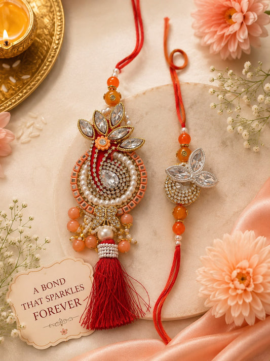 Royal Red Designer Bhai Bhabhi Rakhi Set with Pearl Tassel Lumba