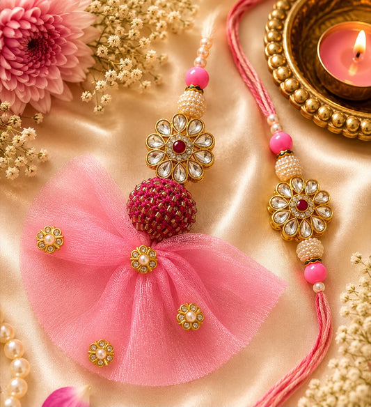 Elegant Pink Bow Bhai Bhabhi Rakhi Set with Designer Lumba