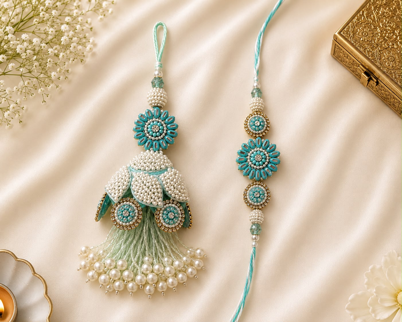 Elegant Mint Green Bhai Bhabhi Rakhi Set with Pearl Tassel Lumba