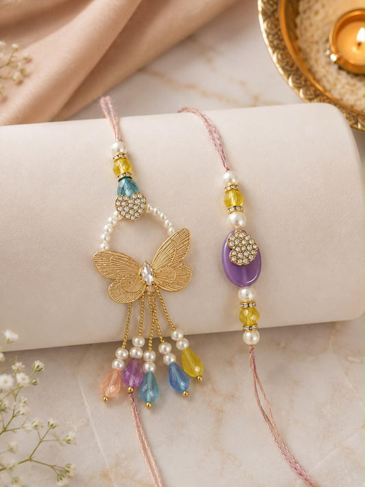 Elegant Butterfly Bhai Bhabhi Rakhi Set with Designer Lumba