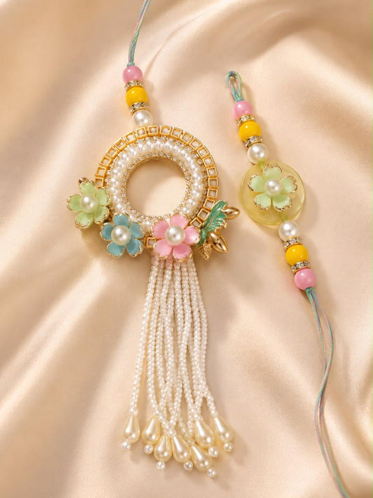 Pastel Floral Bhai Bhabhi Rakhi Set with Pearl Tassel Lumba