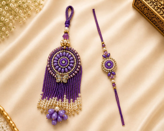 Royal Purple Designer Bhai Bhabhi Rakhi Set with Pearl Tassel Lumba