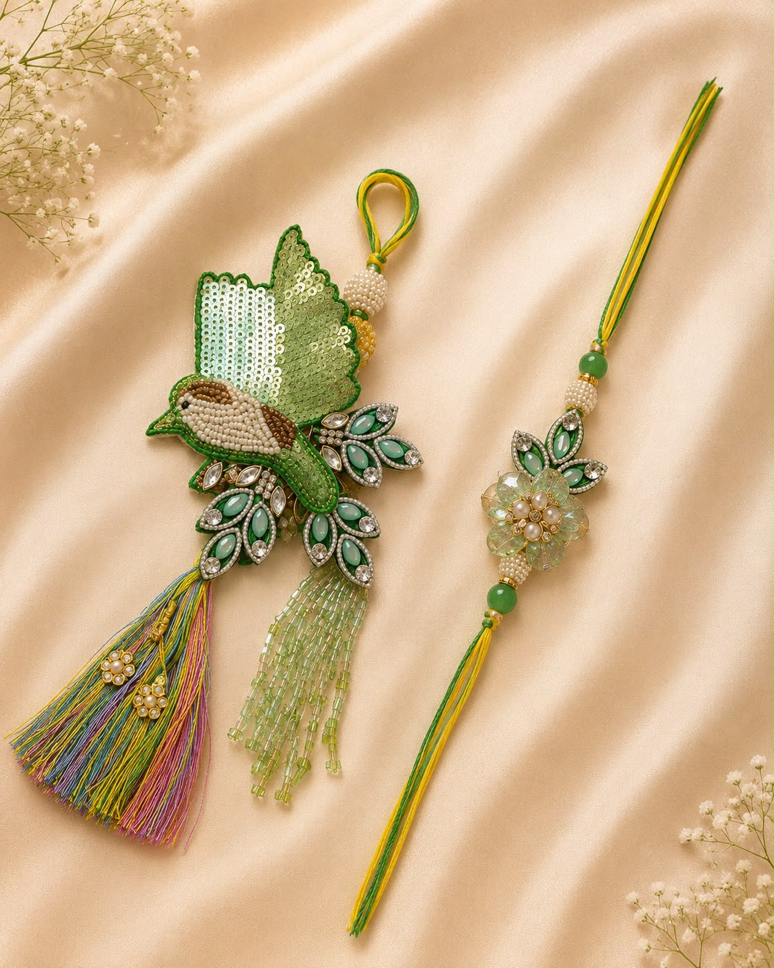 Handcrafted Green Peacock Bhai Bhabhi Rakhi Set with Designer Lumba