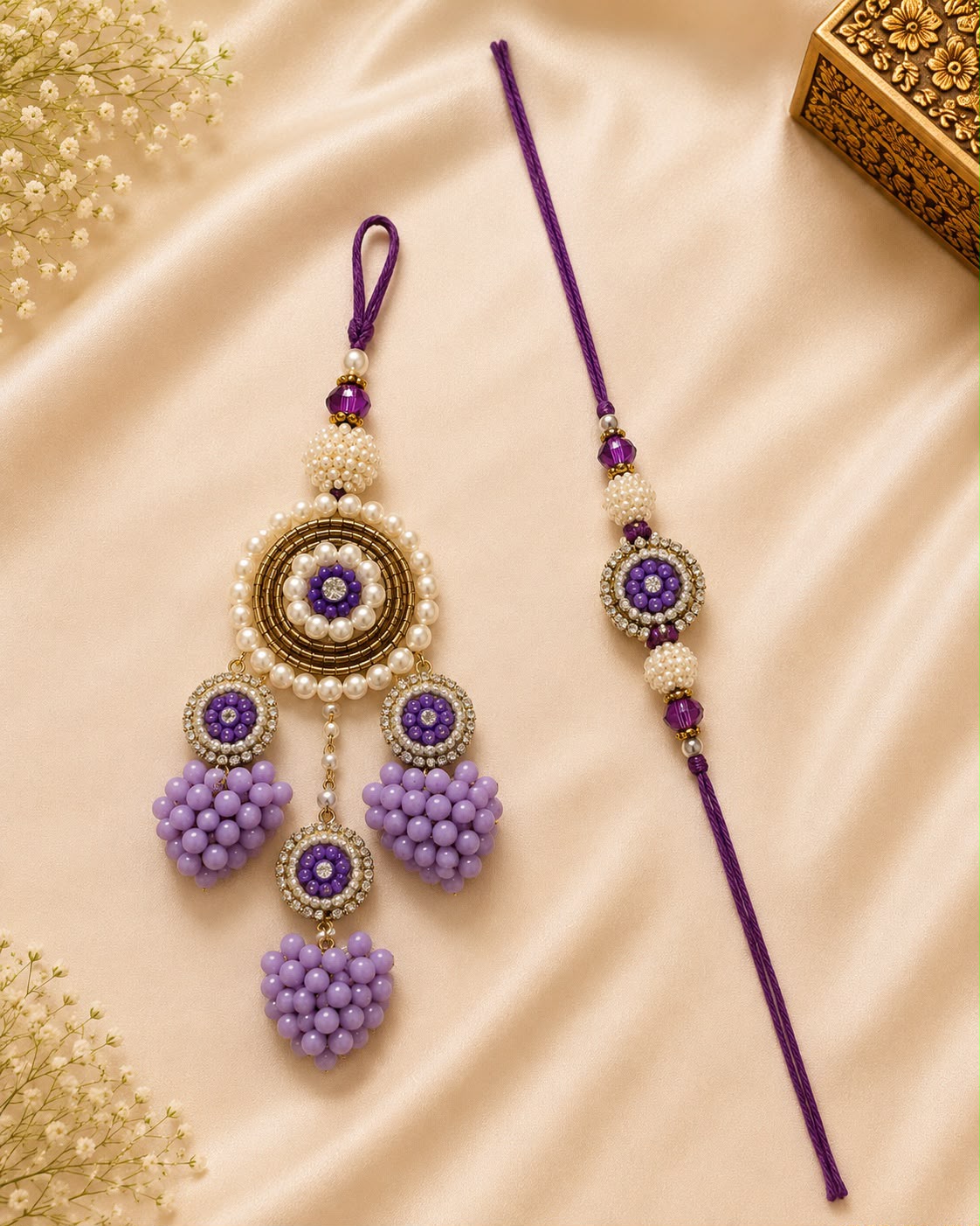 Elegant Purple Pearl Bhai Bhabhi Rakhi Set with Designer Lumba