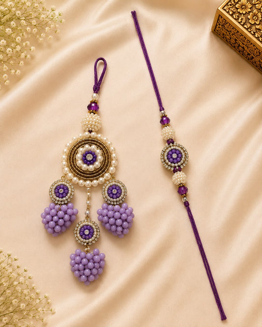 Elegant Purple Pearl Bhai Bhabhi Rakhi Set with Designer Lumba