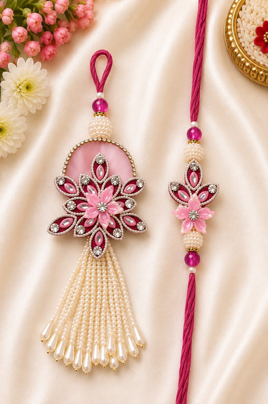 Elegant Pink Floral Bhai Bhabhi Rakhi Set with Pearl Tassel Lumba