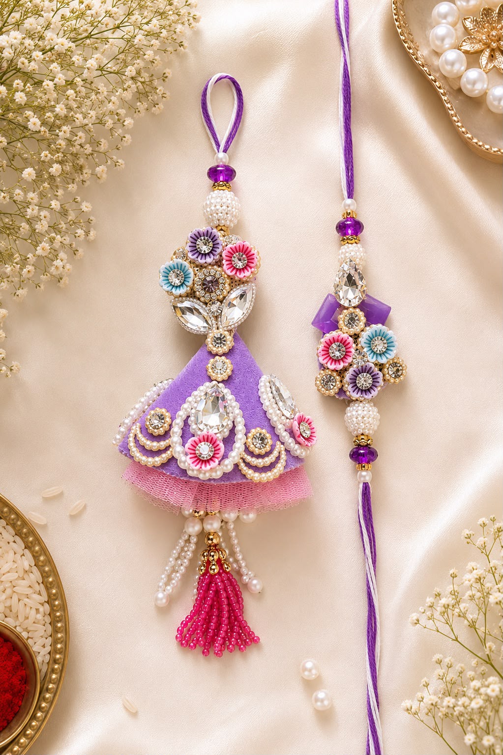 Handcrafted Lavender Floral Bhai Bhabhi Rakhi Set with Designer Lumba
