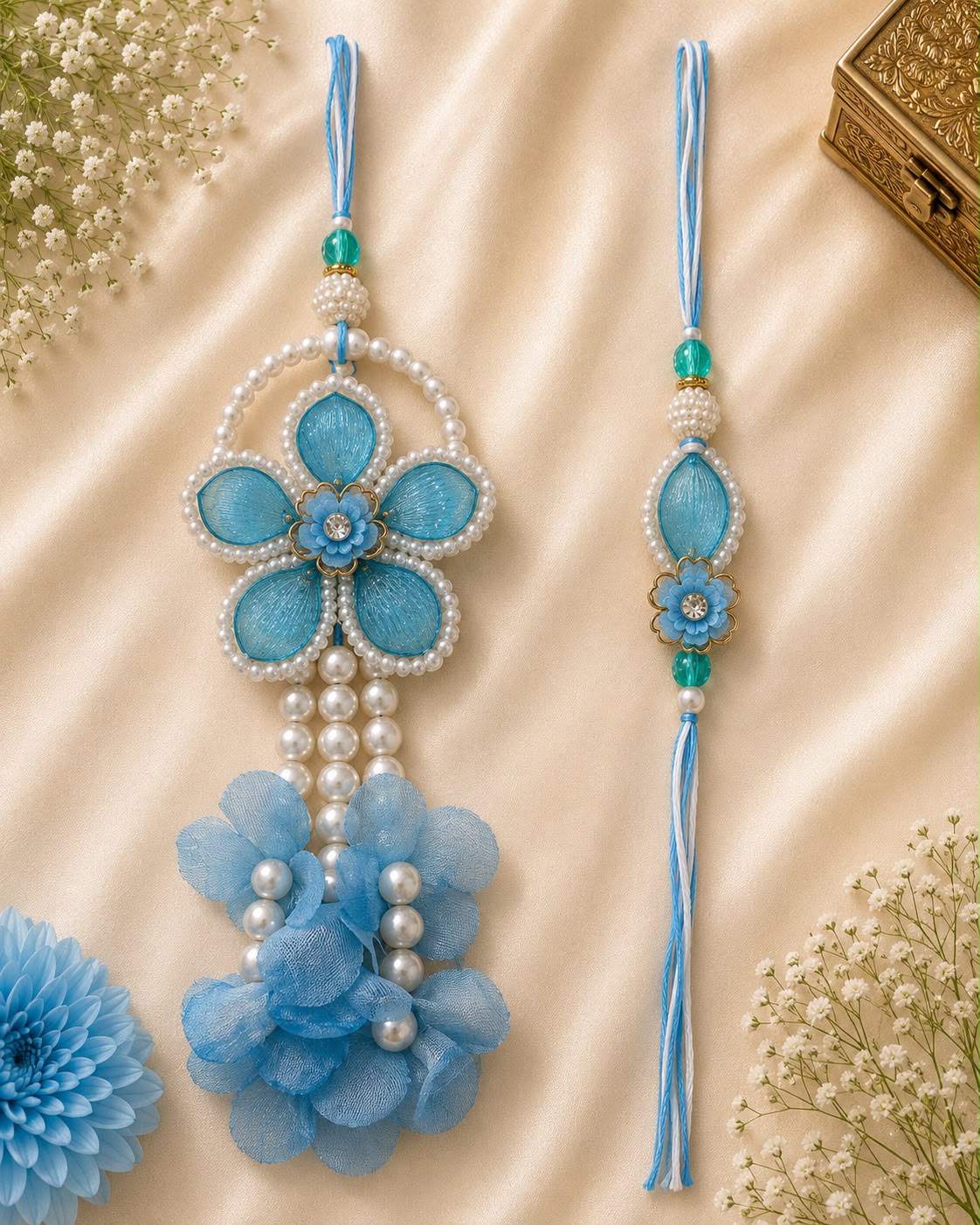 Elegant Sky Blue Floral Bhai Bhabhi Rakhi Set with Designer Lumba