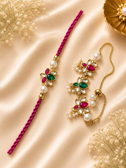 Designer Kundan Bhai Bhabhi Rakhi Set with Floral Lumba