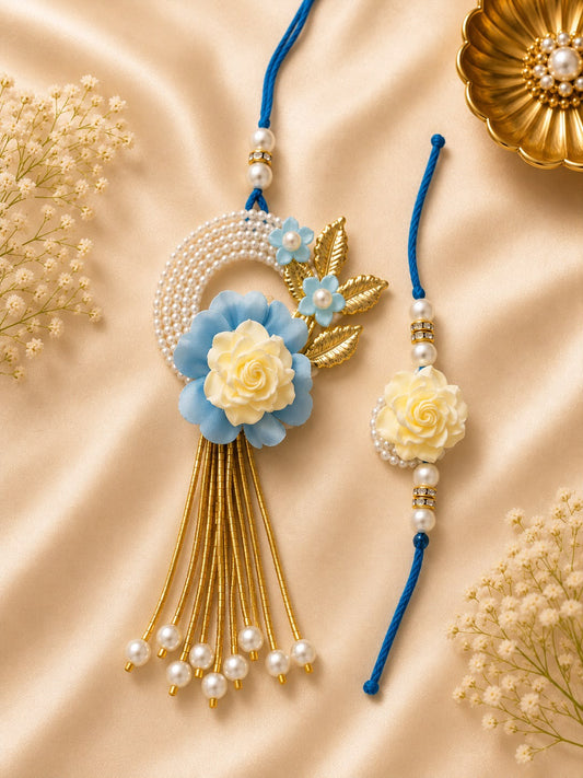 Elegant Blue Floral Bhai Bhabhi Rakhi Set with Pearl Tassel Lumba