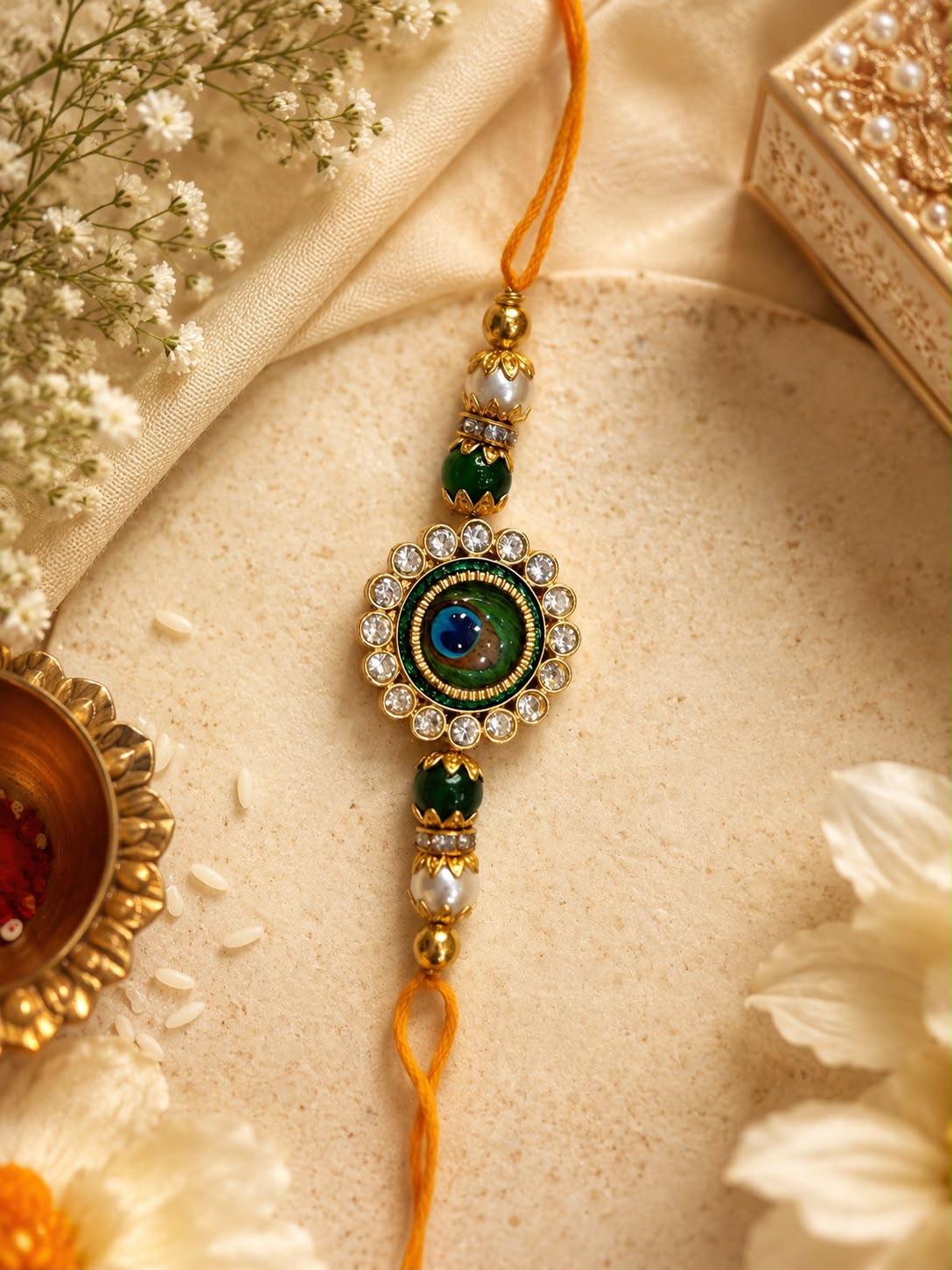 Green Peacock Feather Evil Eye Rakhi for Brother
