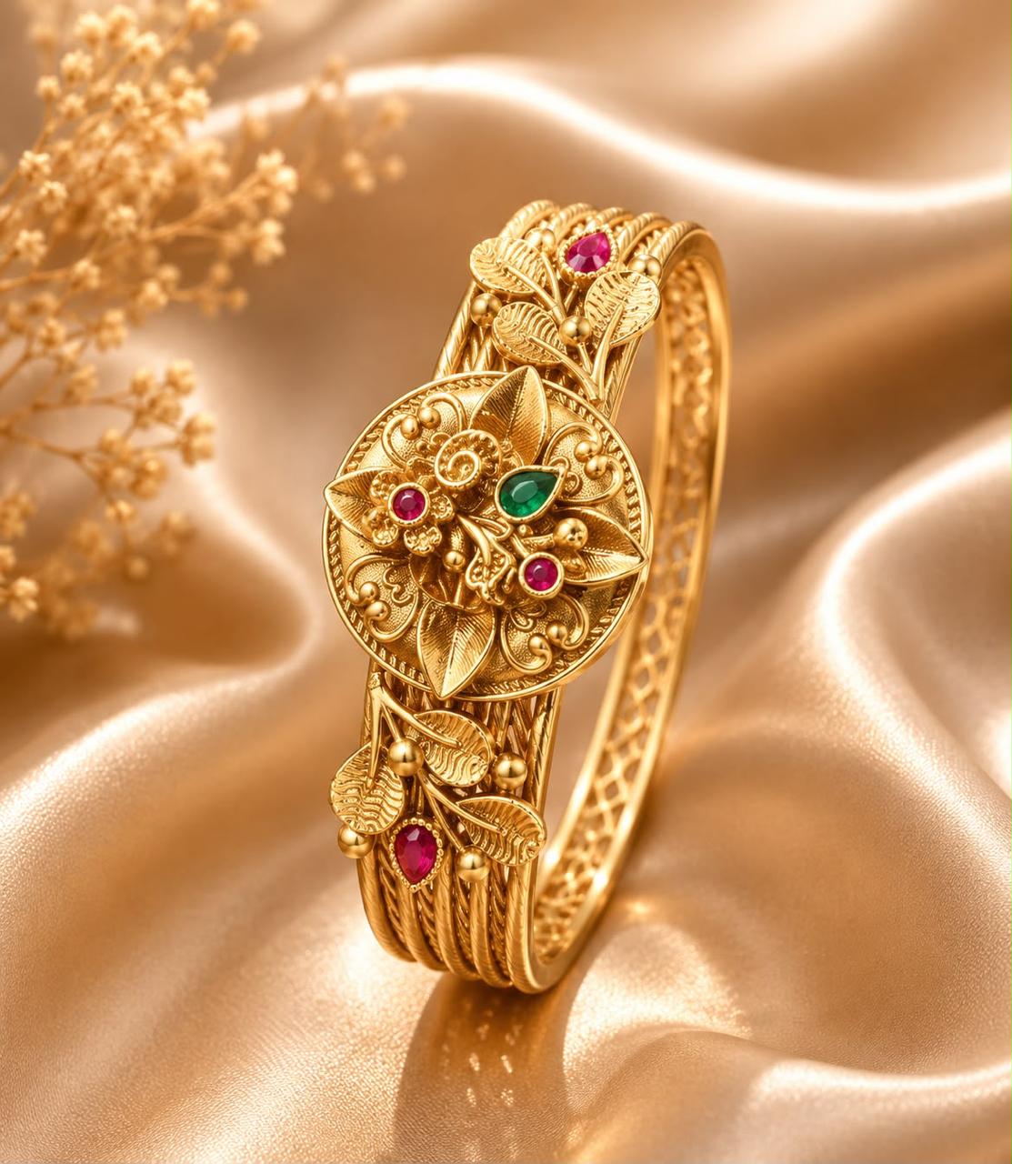 Royal Antique Gold Floral Kada Bracelet for Women