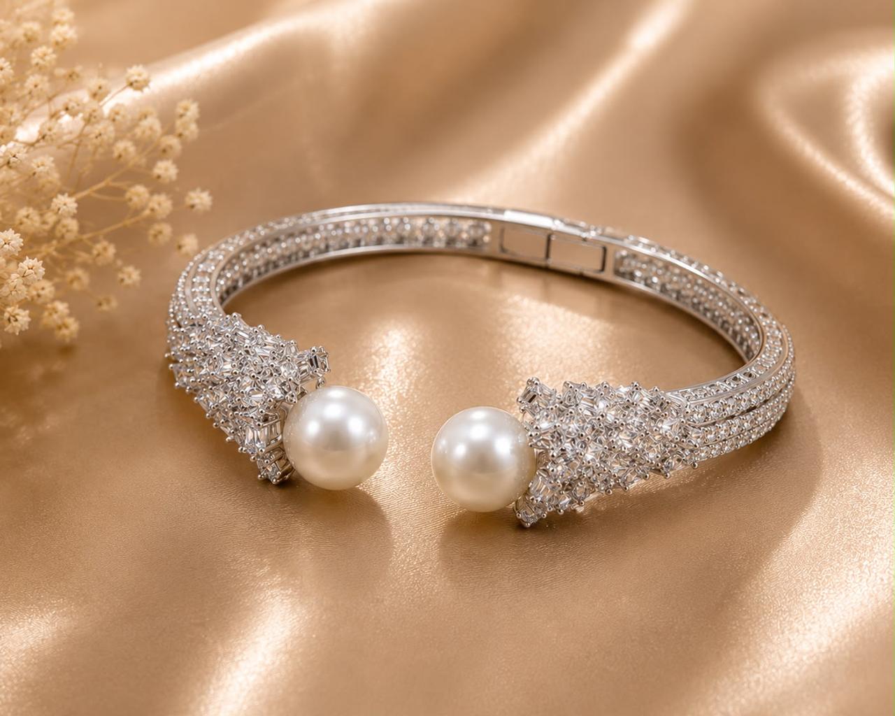 Pearl American Diamond Open Cuff Bracelet for Women