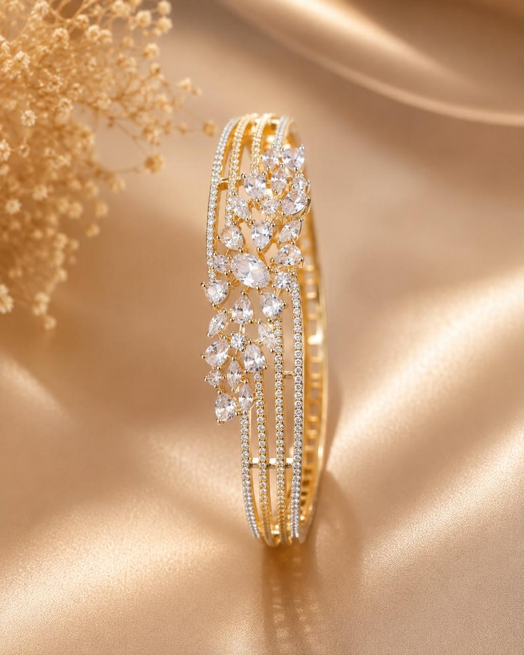 Luxury American Diamond Gold-Plated Floral Bracelet for Women