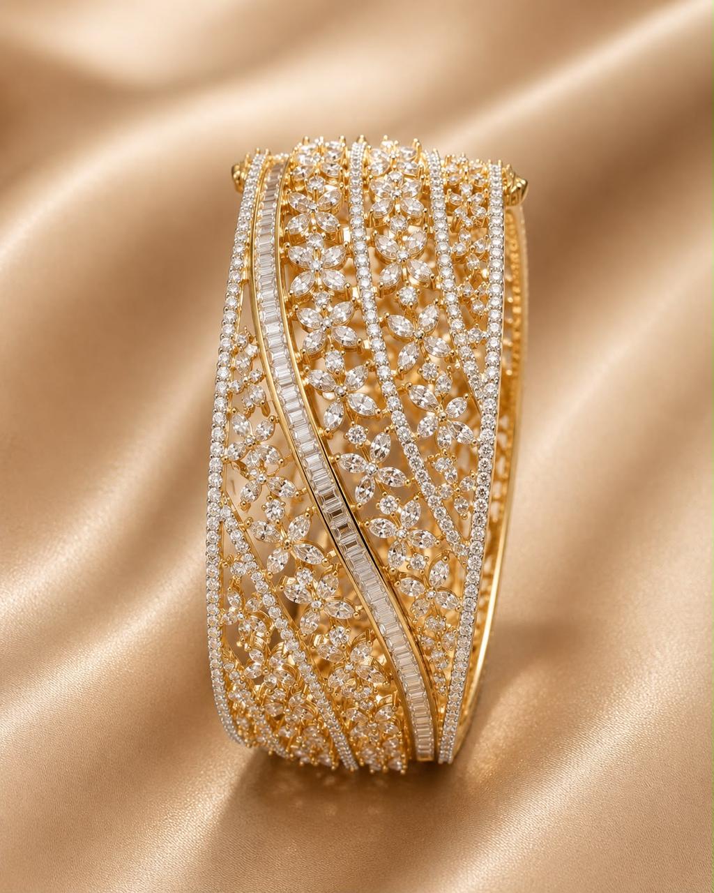 Luxury American Diamond Gold-Plated Floral Cuff Bracelet for Women