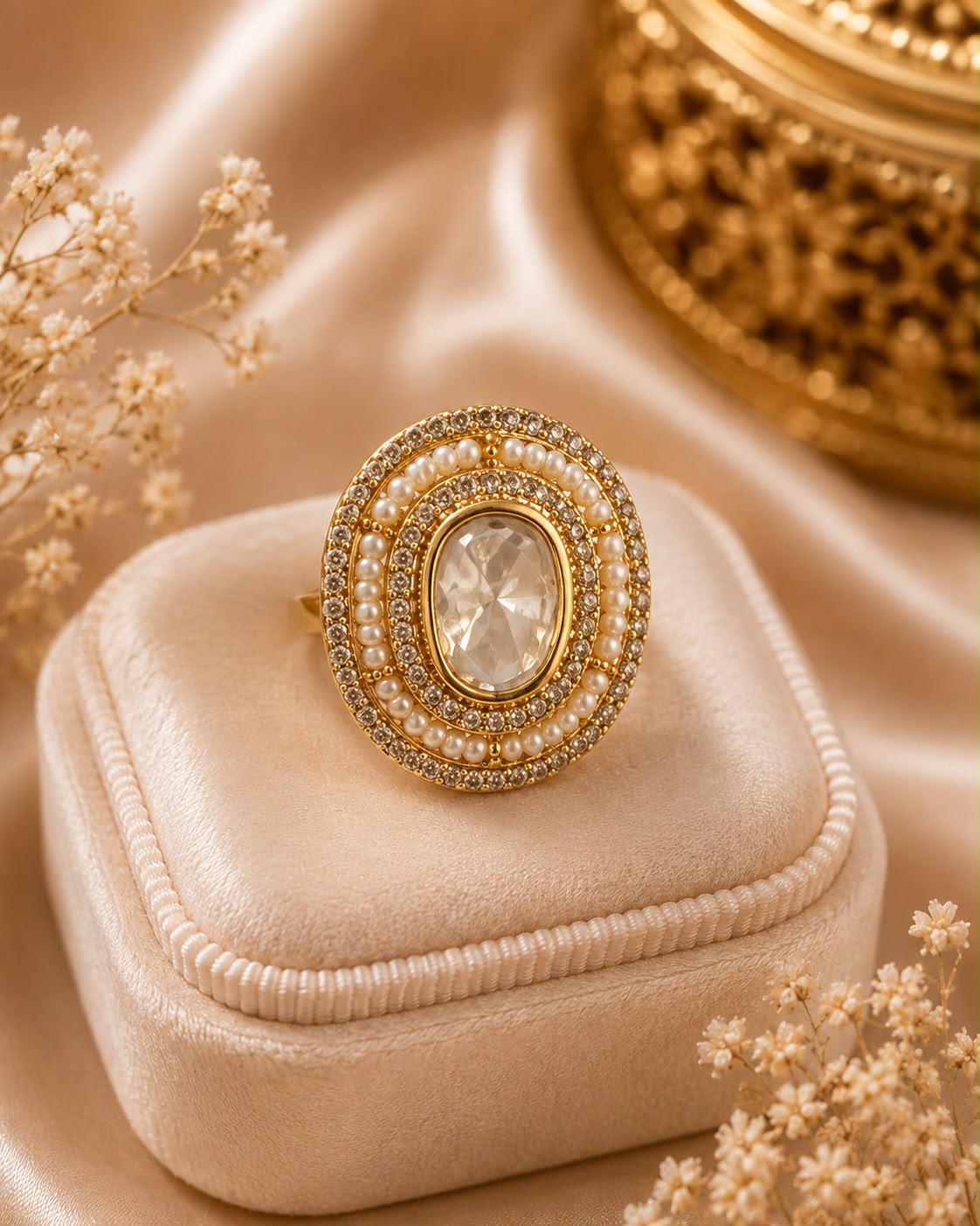 Royal Pearl Kundan Statement Ring for Women
