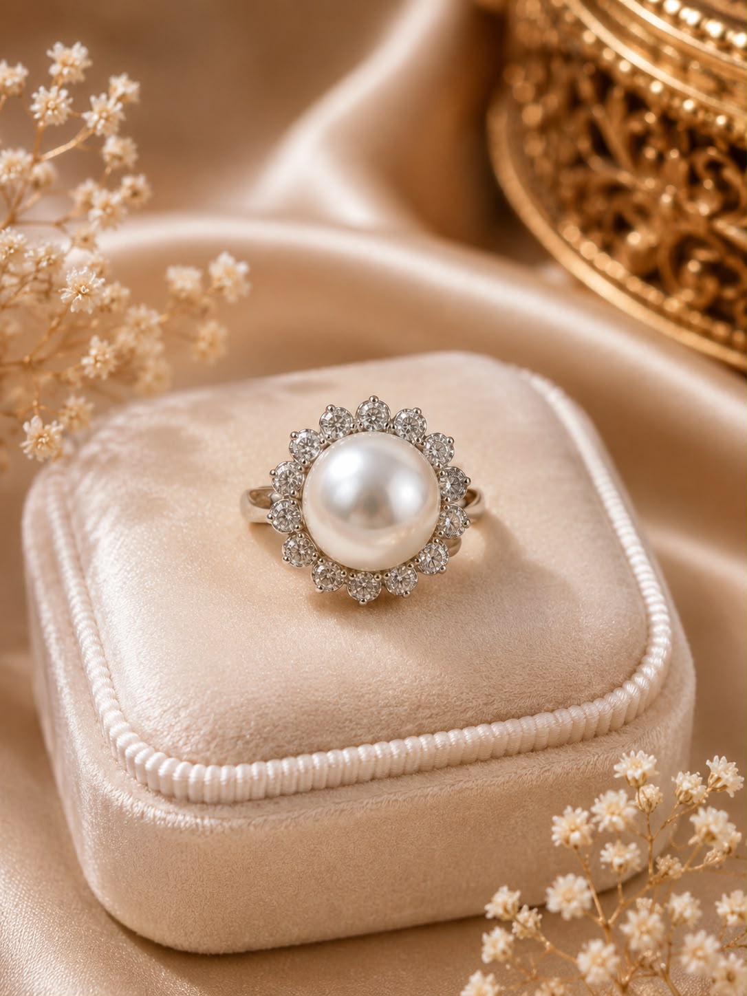 Classic Pearl Halo Ring for Women