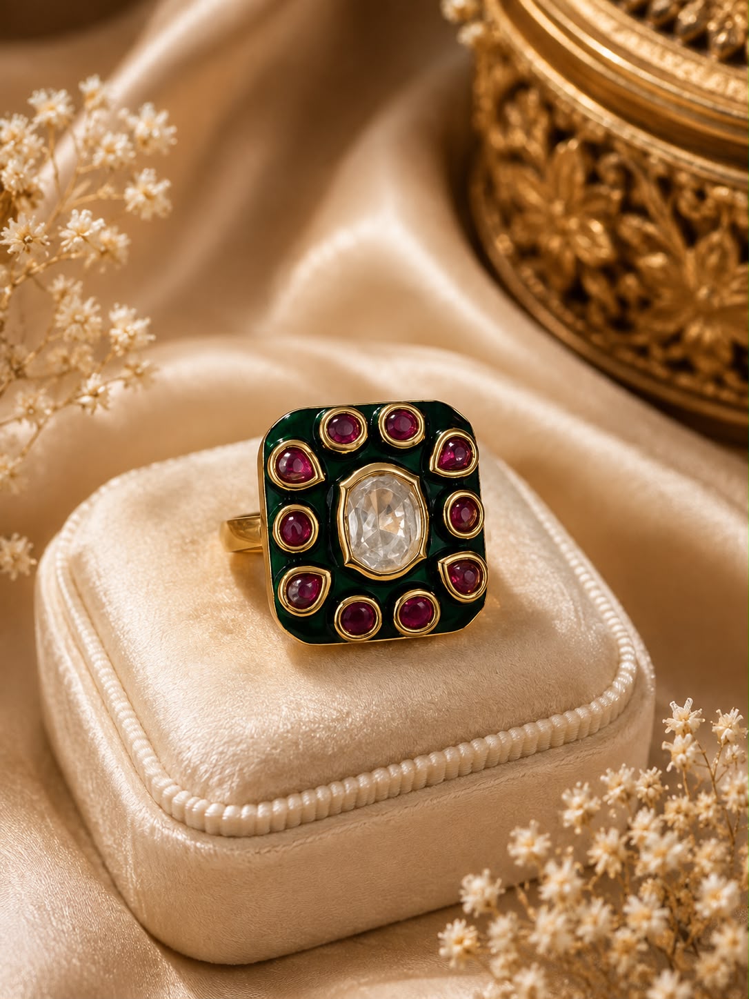 Royal Green Kundan Statement Ring for Women