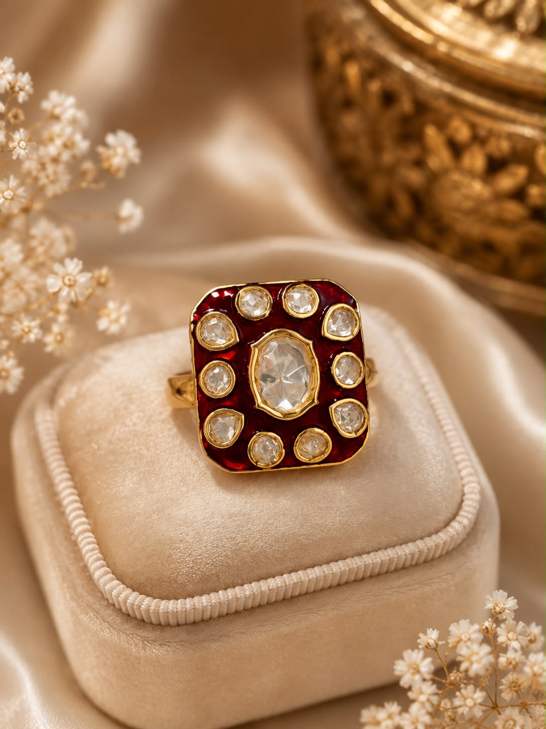 Royal Red Kundan Statement Ring for Women