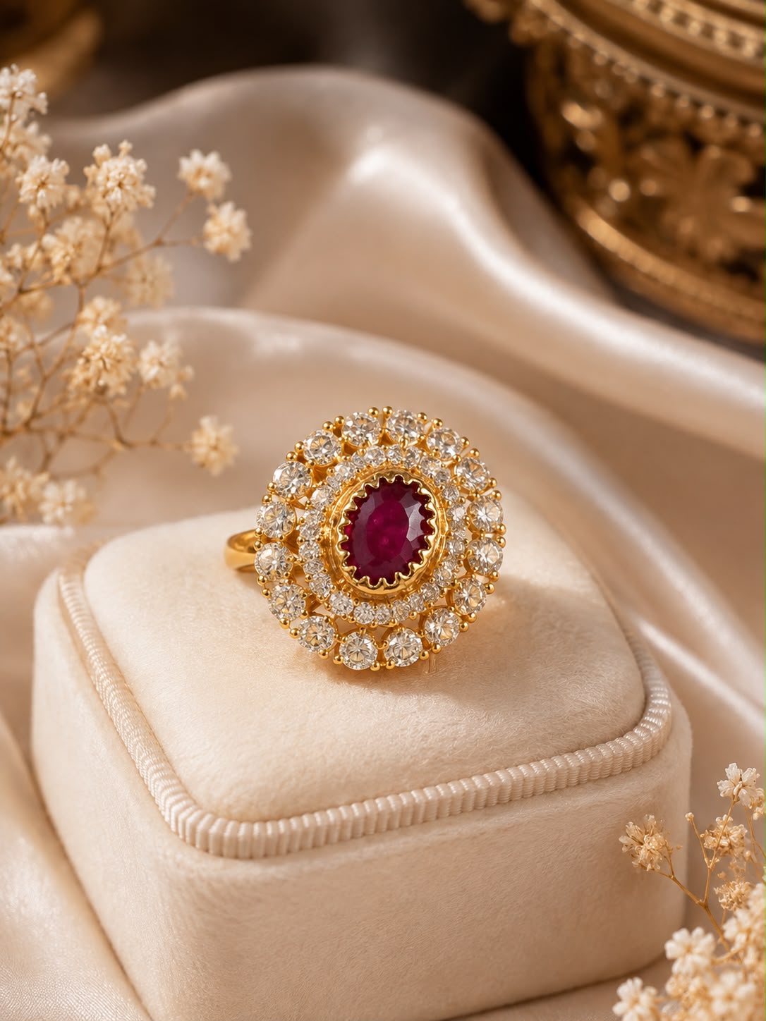 Ruby Red American Diamond Halo Ring for Women