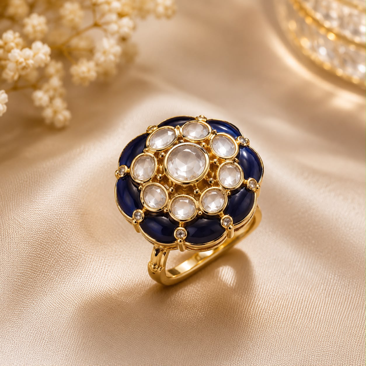 Royal Blue Floral Kundan Statement Ring for Women