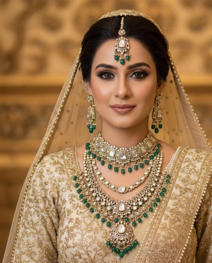 Emerald Polki Layered Necklace Set