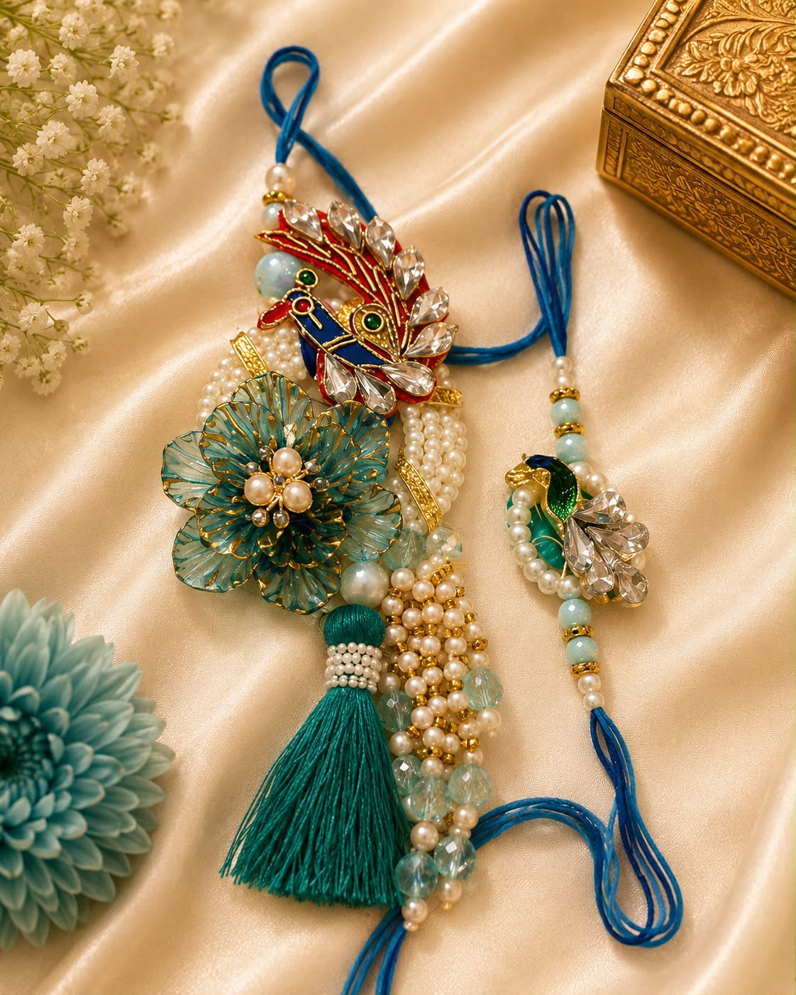 Royal Peacock Bhai Bhabhi Rakhi Set with Designer Lumba